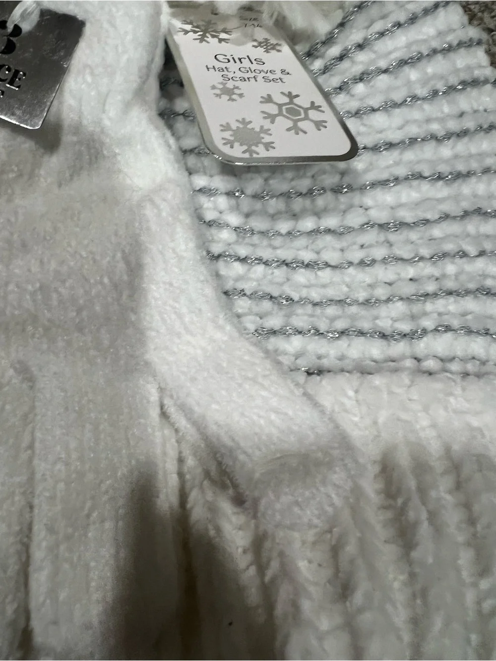 Girls White Silver Knit Hat Scarf Gloves 3 Pc Winter Set NWT